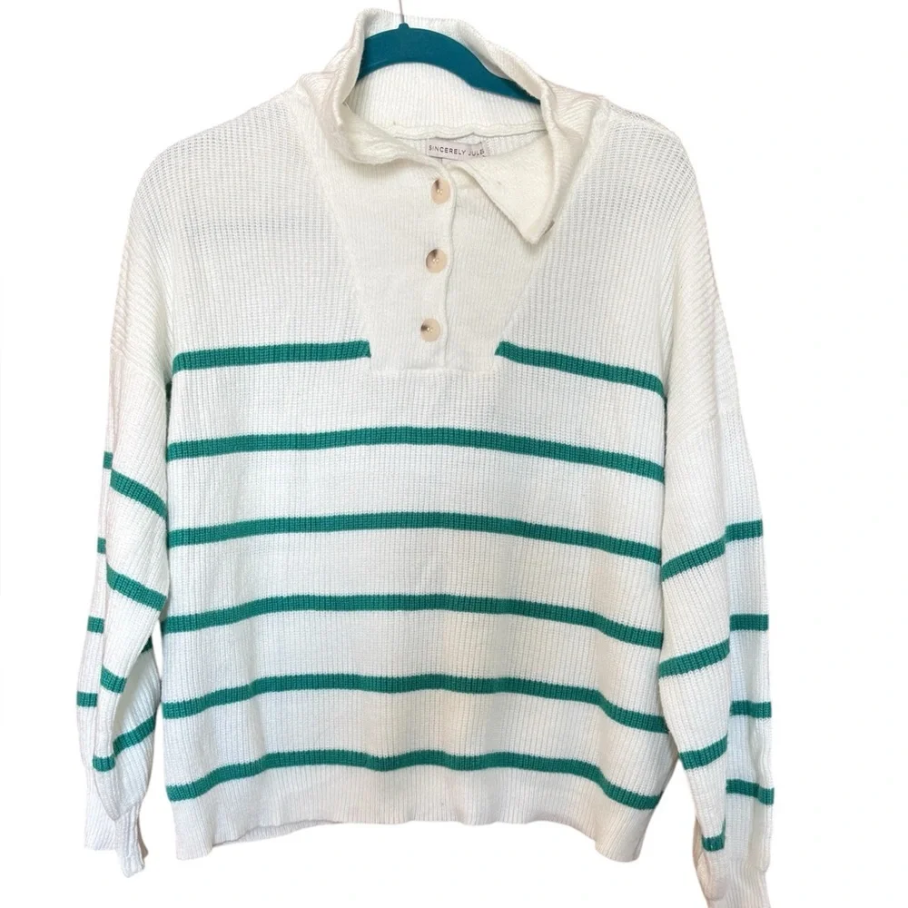 Sincerely Jules Ivory Green Striped Collared Sweater Size Large New with tags